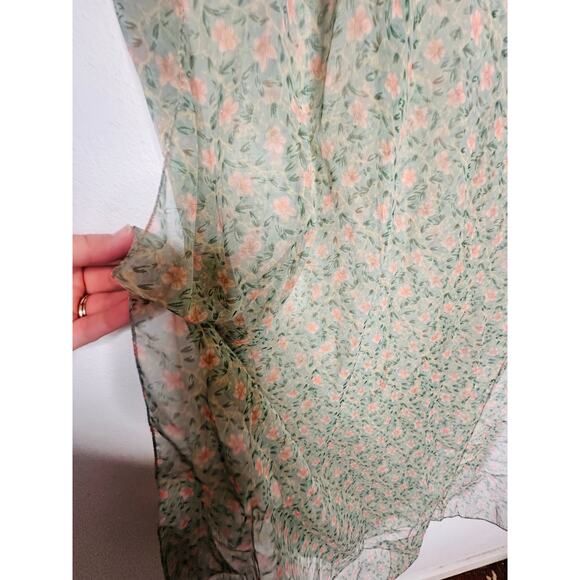 Vintage Sheer Green Pink Floral Bud Design Long Wrap Around Scarf Wrap - Picture 4 of 6